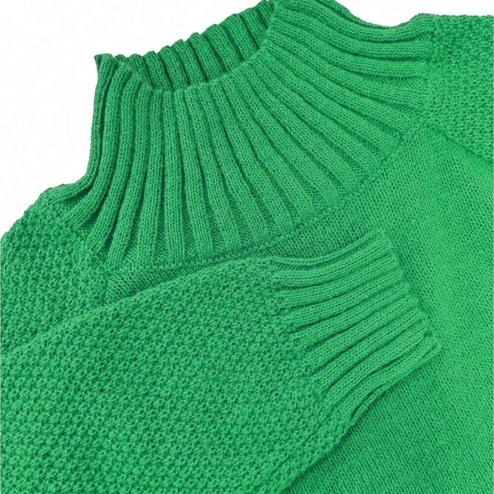 Green Casual Women's Turtleneck Pullover Sweater with Raglan Sleeve